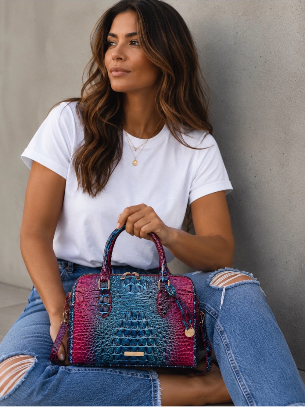 ✨NEW Women's Ombre Blue-Pink Croc 🐊 Satchel Handbag